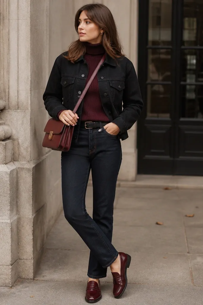 A black denim jacket worn over a burgundy ribbed turtleneck. The jeans are dark wash with minimal fading. The person wears burgundy or wine loafers and a structured crossbody bag.
