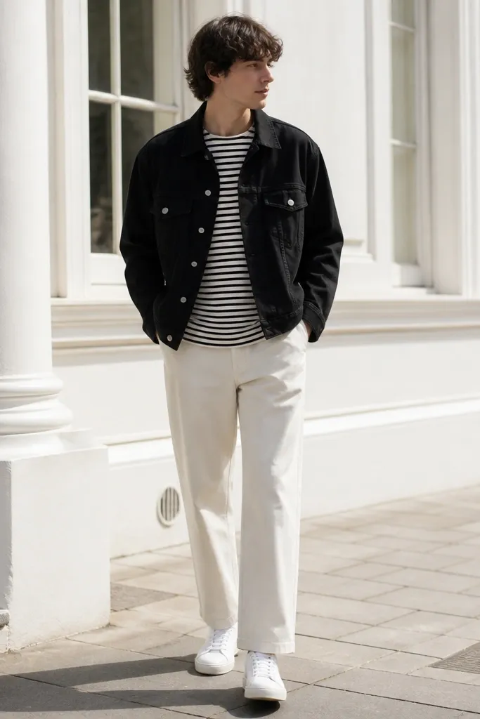 A black denim jacket over a black-and-white striped long-sleeve tee. The person wears cream trousers with a relaxed straight cut and simple white sneakers. The scene is bright daylight.