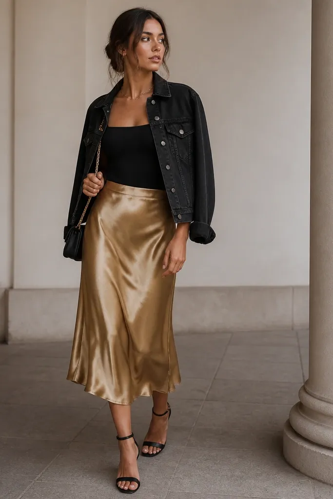 A black denim jacket over a black fitted bodysuit and a gold satin midi skirt. The person wears black heeled sandals and a small gold chain bag. The skirt reflects light with a soft sheen.