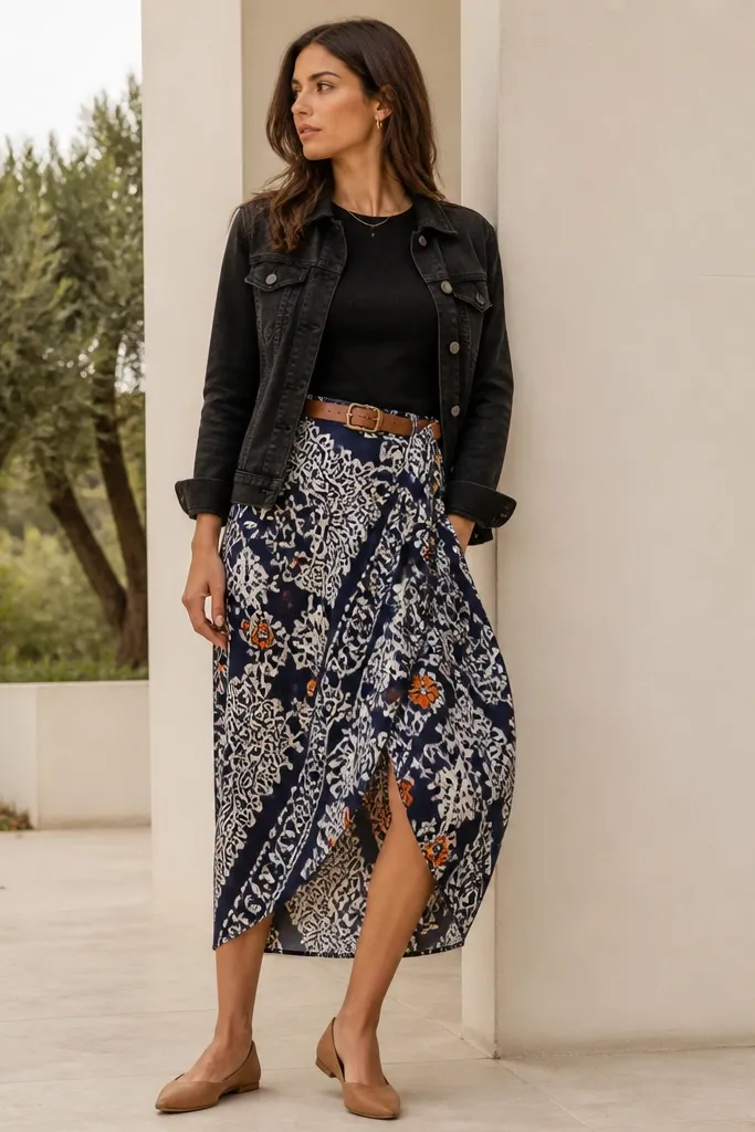 A black denim jacket over a solid black top with a printed wrap skirt in navy, white, and small pops of orange. The person wears tan flats and a simple belt. The wrap skirt creates a visible V at the waist.