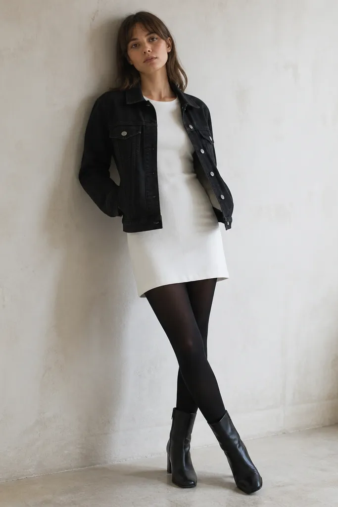 A black denim jacket worn over a white mini dress. The person wears opaque black tights and black ankle boots. The mini dress has short sleeves and a simple neckline.