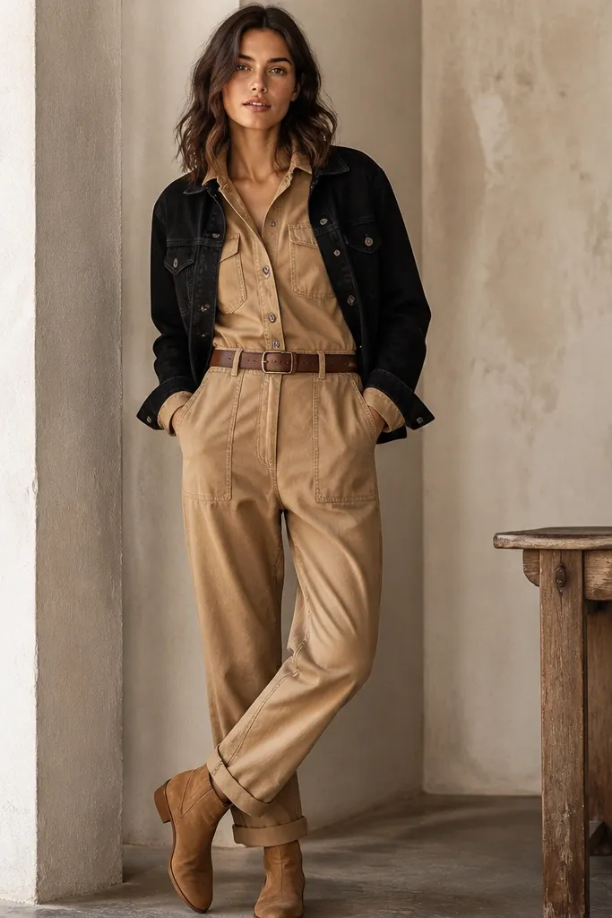 A tan utility-style jumpsuit with pockets, worn with a black denim jacket. The person wears black sneakers or tan ankle boots and a brown leather belt. The jumpsuit has a button front and a structured collar.