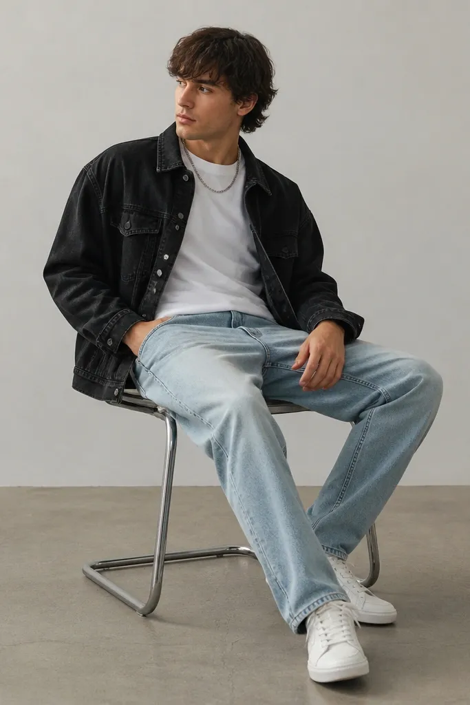 A black oversized denim jacket open over a plain white crew-neck tee. The person wears light-wash straight jeans and white sneakers. A silver chain necklace rests over the collar area.
