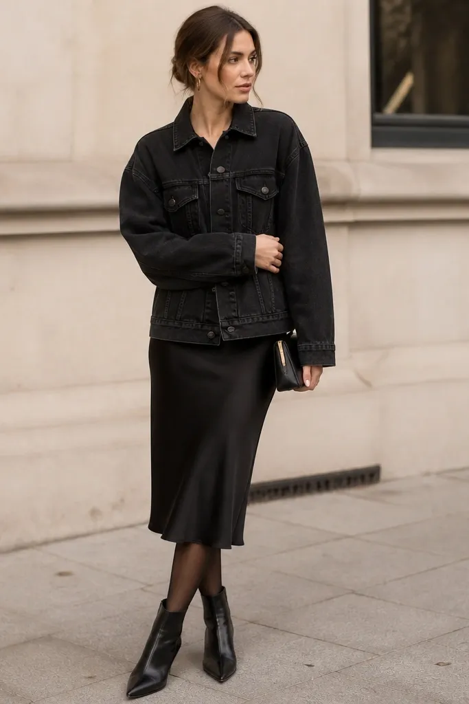 A black oversized denim jacket worn over a black satin slip skirt that reaches mid-calf. The look includes sheer black tights and ankle boots. The jacket hem falls near the top of the skirt, and the outfit is styled with a small clutch.