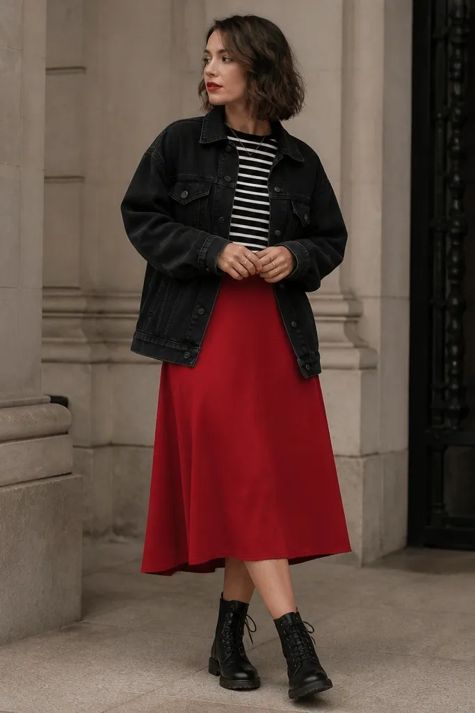 A black oversized denim jacket open over a black-and-white striped tee. The person wears a red midi skirt with a slight A-line and black combat boots. A red lip and gold rings add contrast.