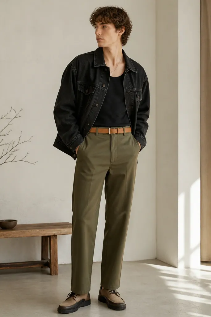 A black oversized denim jacket worn over a tucked black tank top. The outfit includes olive chinos with a straight leg and a tan leather belt. Shoes are tan-and-black loafers or casual lace-ups.