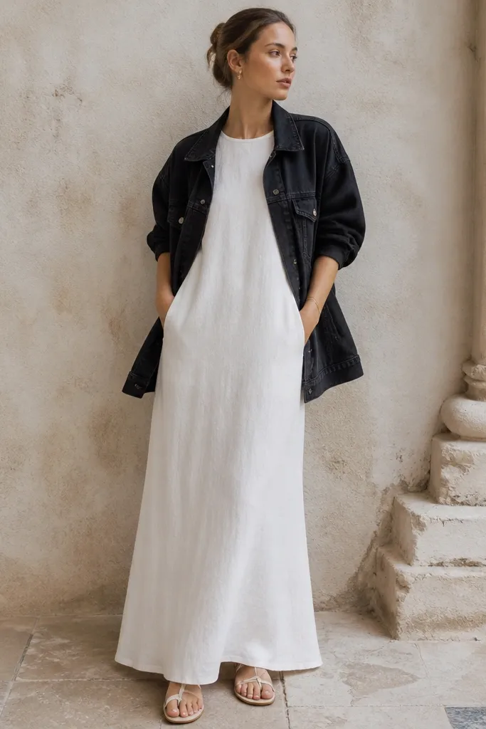 A white maxi dress with a simple neckline worn under a black oversized denim jacket. The jacket is open, sleeves are pushed up to mid-forearm, and the person wears white or nude sandals. Hair is styled back to show the collar line.