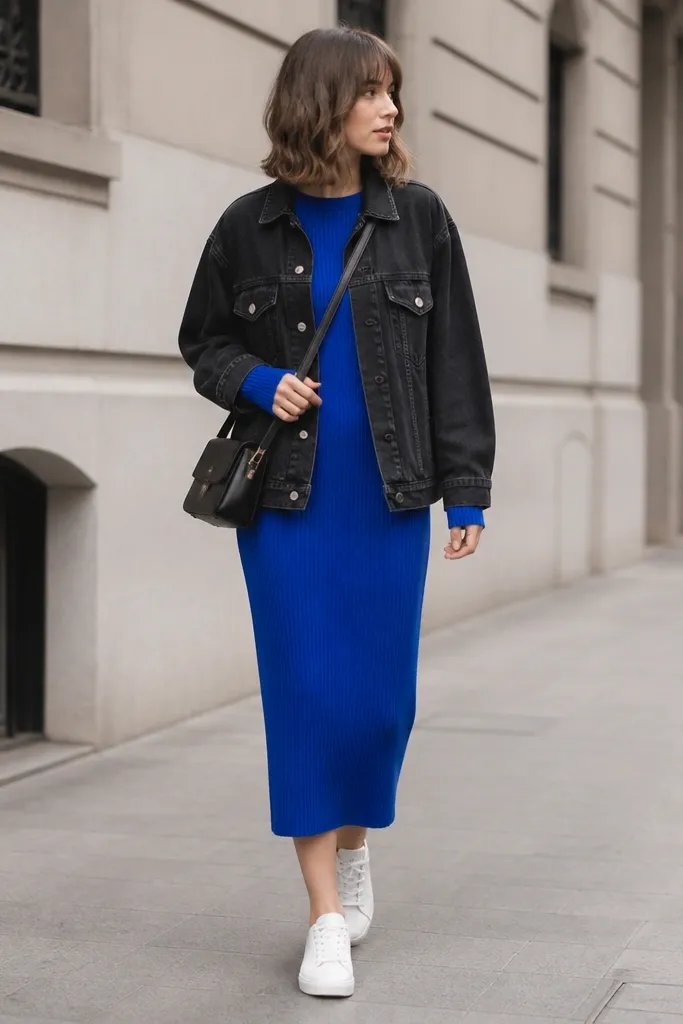 A cobalt blue knit dress with a simple crew neck under a black oversized denim jacket. The person wears white sneakers and a small crossbody bag. The dress sleeves are visible at the wrist.