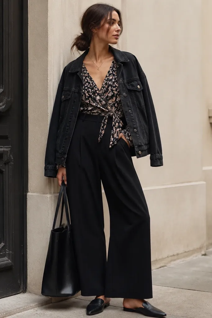 A black oversized denim jacket worn open over a floral wrap top with a V-neck. The pants are black wide-leg with a smooth fabric. The shoes are black mules or loafers, and there's a structured tote.