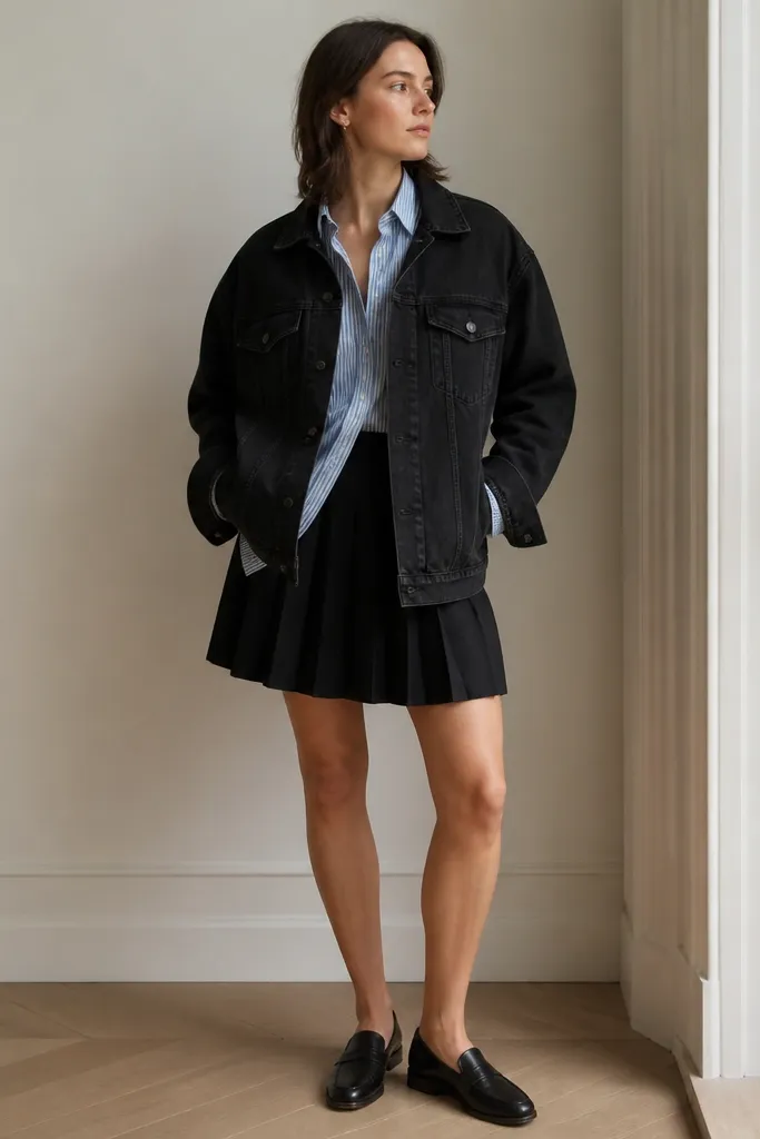 A black oversized denim jacket over a light blue and white striped button-down worn slightly open. A black pleated skirt sits below the jacket hem. The person wears black loafers and small stud earrings.