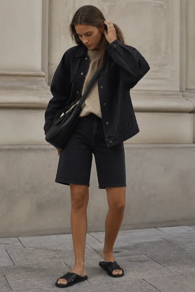 A black oversized denim jacket worn over a beige knit sweater. The person wears dark denim shorts with a longer inseam and black sandals. A crossbody bag is worn across the body.
