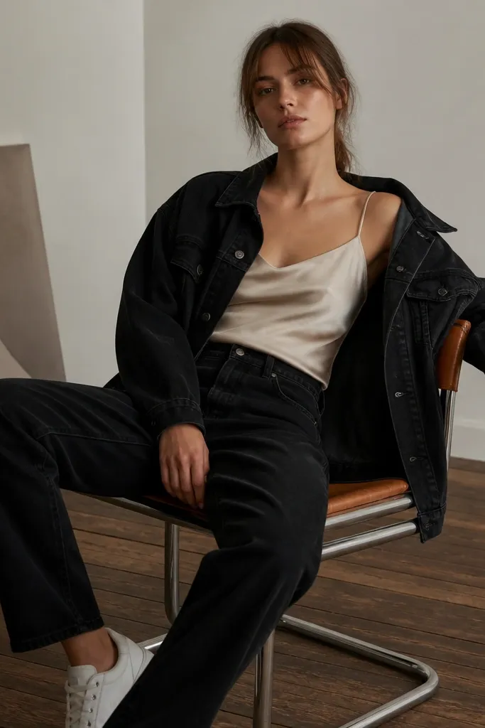 A champagne satin camisole with thin straps under a black oversized denim jacket worn open. The person wears black jeans with a straight cut and white sneakers. The neckline shows a small amount of satin sheen.