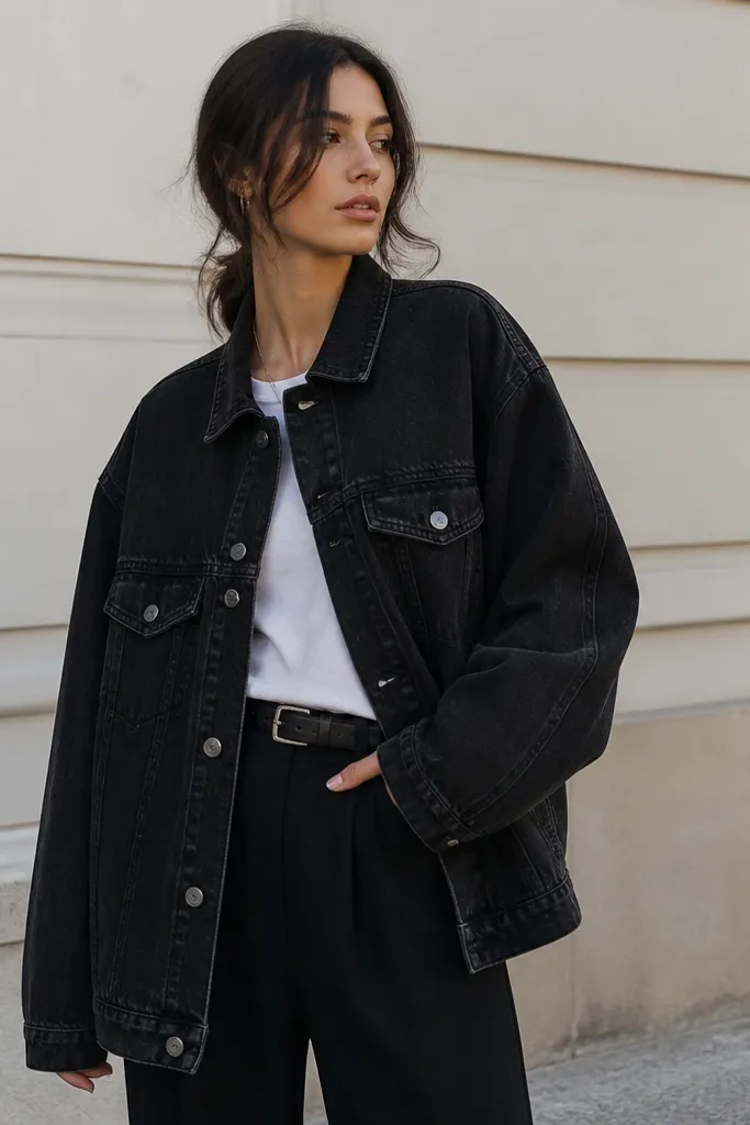 Removable styling tips for black oversized denim jacket outfit