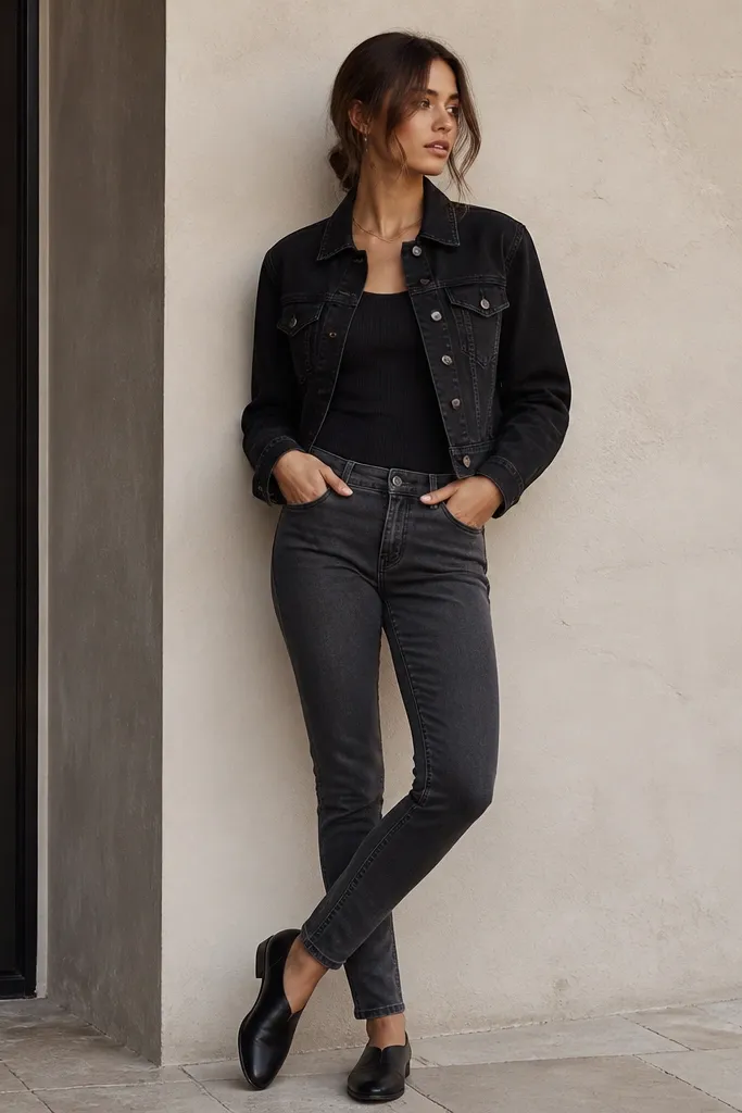 A close-to-full-body outfit showing a black denim jacket layered over a fitted black ribbed tank, charcoal slim jeans, and dark leather slip-on shoes. The jacket is slightly cropped and the neckline looks clean and high.