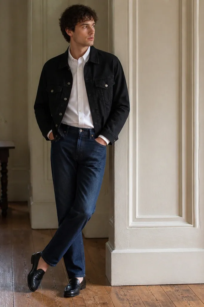 A model wearing a black denim jacket over a crisp white Oxford button-down, washed indigo straight jeans, and black leather loafers. The shirt collar is visible and sleeves are neatly buttoned.