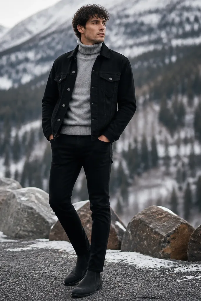 A winter-ready outfit: matte black denim jacket over a silver-gray turtleneck, black jeans, and dark suede ankle boots. The turtleneck fabric looks thick and holds its shape.