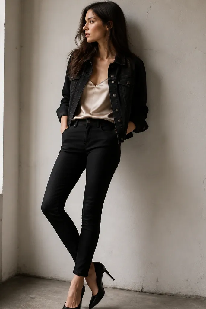 A feminine look: black denim jacket worn open, black skinny jeans, a champagne satin camisole peeking out at the neckline, and black heeled pumps. The satin catches light subtly.