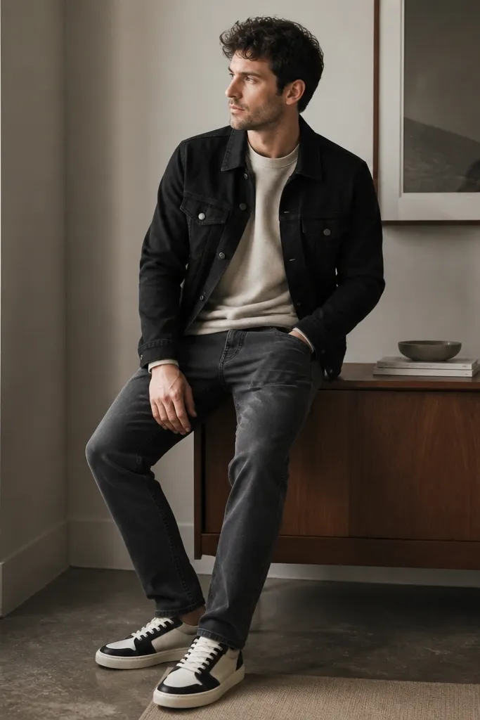 A casual luxe setup: black denim jacket over an oatmeal crewneck sweatshirt, dark gray jeans, and clean low-profile minimalist sneakers in off-white and black.