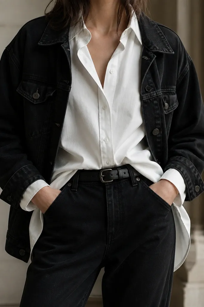 A styled waist view: black denim jacket worn open over a white oversized button-down, black jeans, and a slim black belt with a dark buckle. The shirt is tucked only in the front.