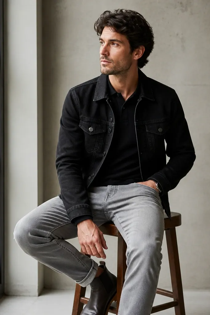 A smart-casual outfit: black denim jacket with a black knit polo underneath, light gray jeans, and a dark leather watch strap visible at the wrist. Shoes are dark and minimal.