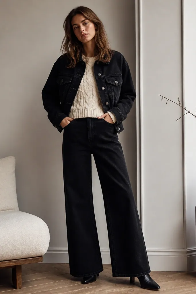 A fashion-forward look: matte black denim jacket over a cream cable knit, black wide-leg jeans that skim the floor slightly, and heeled ankle boots with a dark finish.