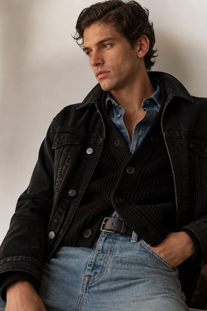 A layered denim look: black denim jacket on top, mid-wash jeans underneath, a black knit cardigan beneath the jacket, and a black leather belt visible at the waist.