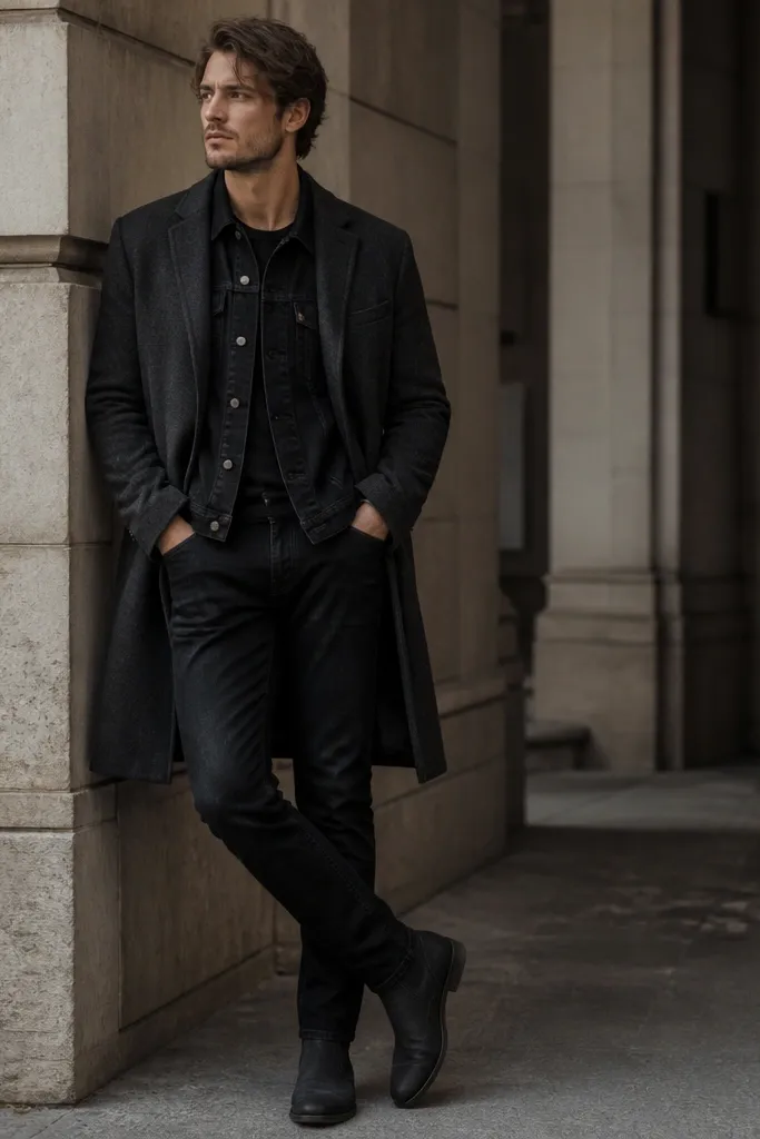 A layered look: black denim jacket under a charcoal wool overcoat, dark wash jeans, and a charcoal t-shirt peeking at the neck. Dark boots complete the outfit.