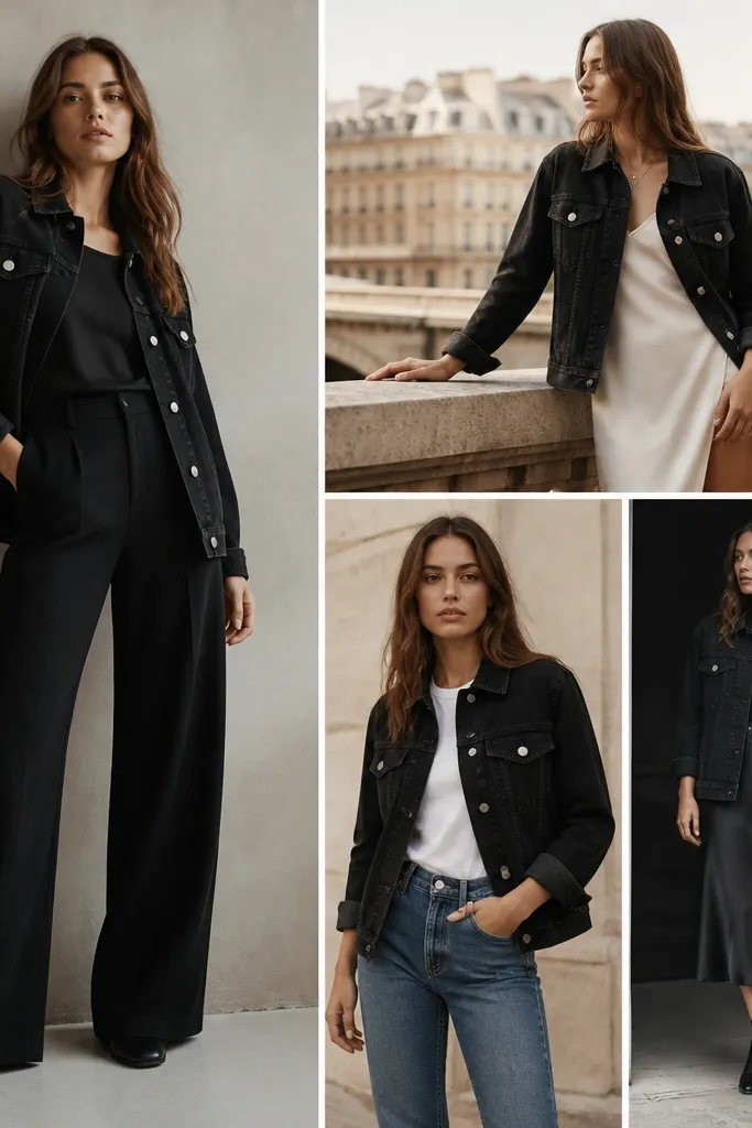 Luxury black denim jacket outfit ideas