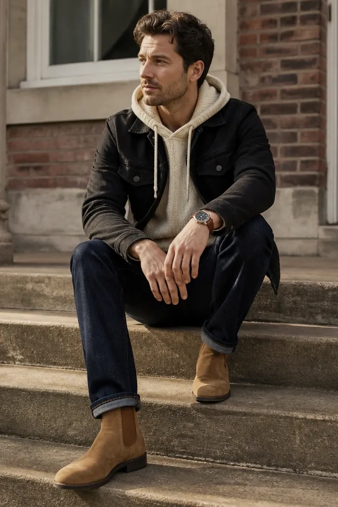 A black denim jacket over a cream knit hoodie. The jeans are deep indigo with visible blue warp threads. The person wears tan suede boots and a brown leather watch strap. Outdoor lighting shows the denim texture clearly.