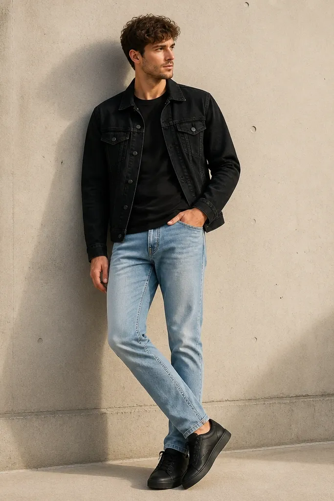 A black denim jacket worn over a black crew tee. The jeans are light-wash with a gentle fade and subtle contrast stitching. Shoes are black low-top sneakers. The lighting makes the jean fade pop without looking washed out.