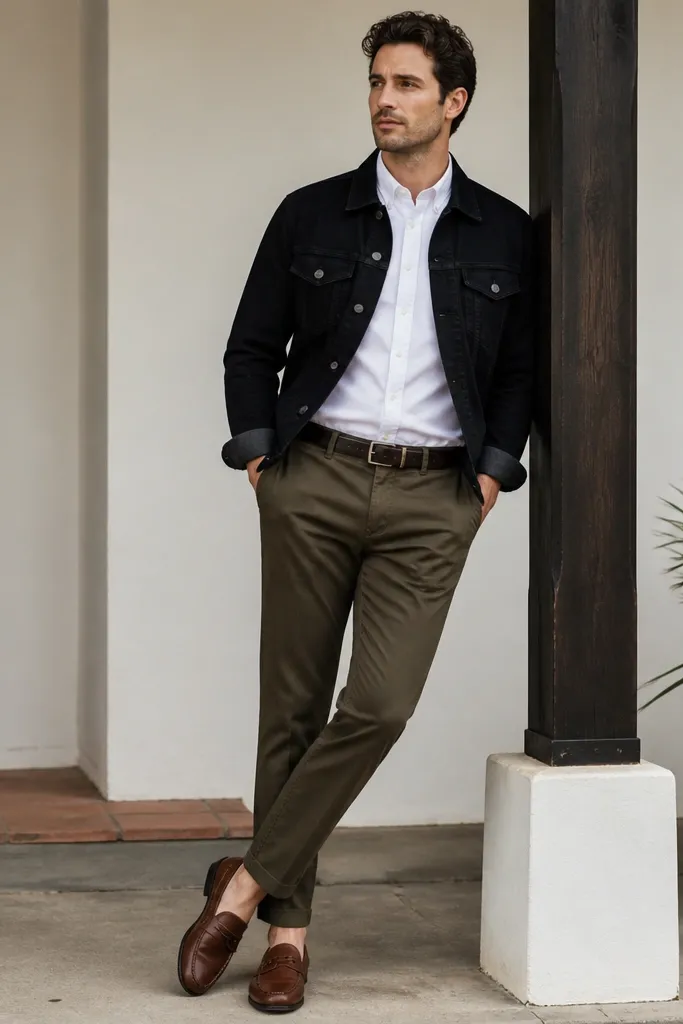 A black denim jacket layered over a white Oxford button-down. The pants are olive chinos with a clean taper. The person wears brown leather loafers and a dark brown belt. The shirt collar sits crisp under the jacket.