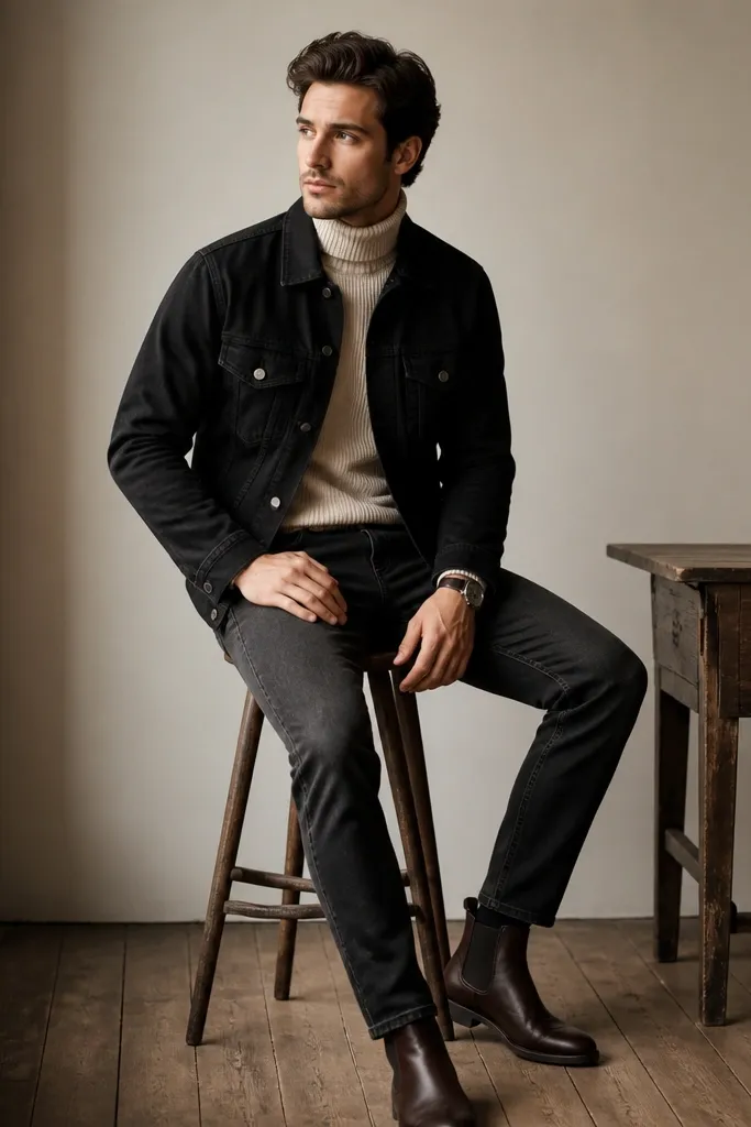 A black denim jacket worn over an oatmeal ribbed turtleneck sweater. The jeans are charcoal gray-black with minimal fade. The person wears dark brown chelsea boots and a simple silver watch.
