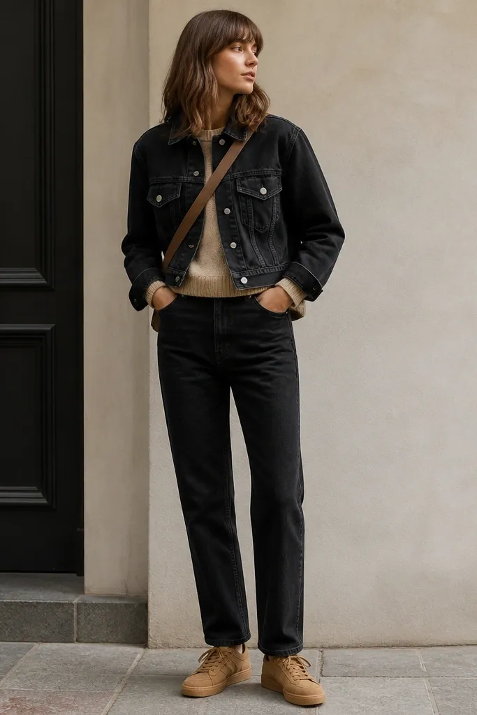 A cropped black denim jacket ending above the waistband. Straight black jeans. A tan knit sweater sits underneath with a visible hem. The person wears tan suede sneakers and a crossbody bag strap.
