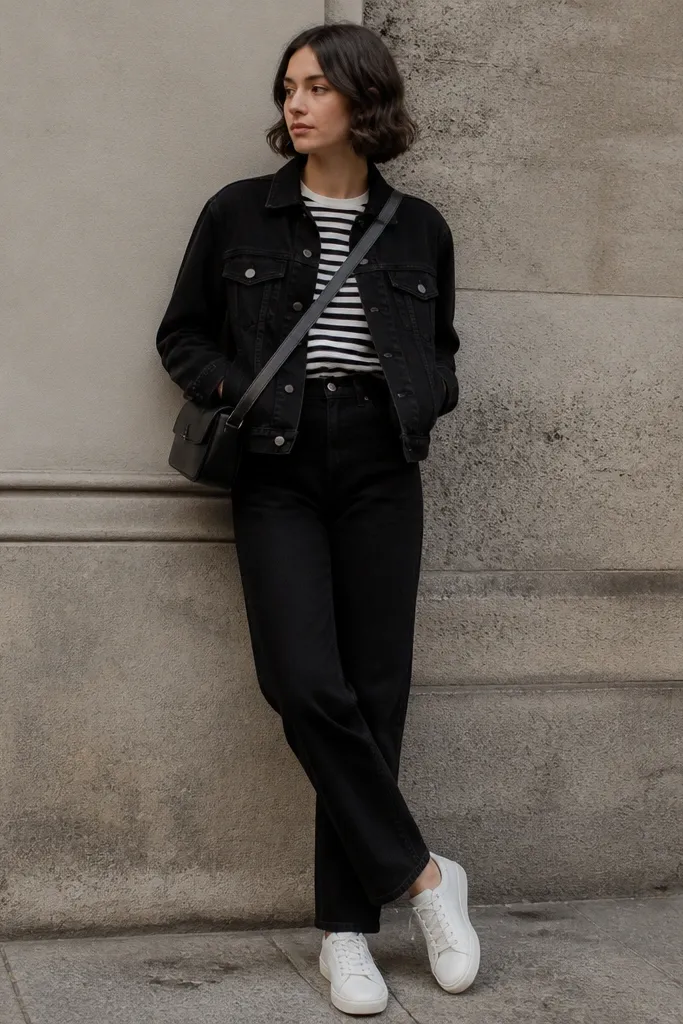 A black denim jacket over a black-and-white horizontal striped tee. The jeans are black straight-leg. The person wears white leather sneakers and a black crossbody bag. The stripes are crisp and evenly spaced.