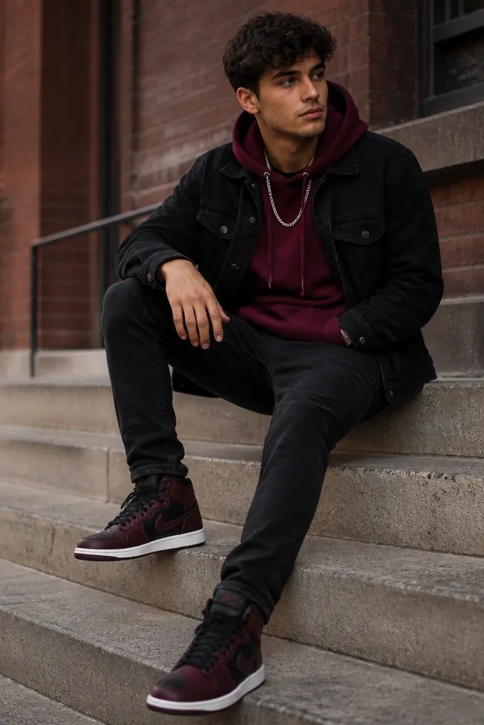 A black denim jacket over a burgundy hoodie. The jeans are black and slightly tapered. The person wears black and burgundy sneakers and a silver chain necklace. The hoodie drawstrings hang neatly.
