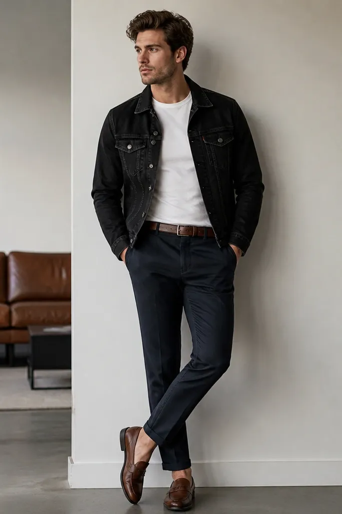 A black denim jacket worn over a plain white crew tee. Navy chinos with a tapered leg. The person wears dark brown belt and leather loafers. The outfit is clean and structured.