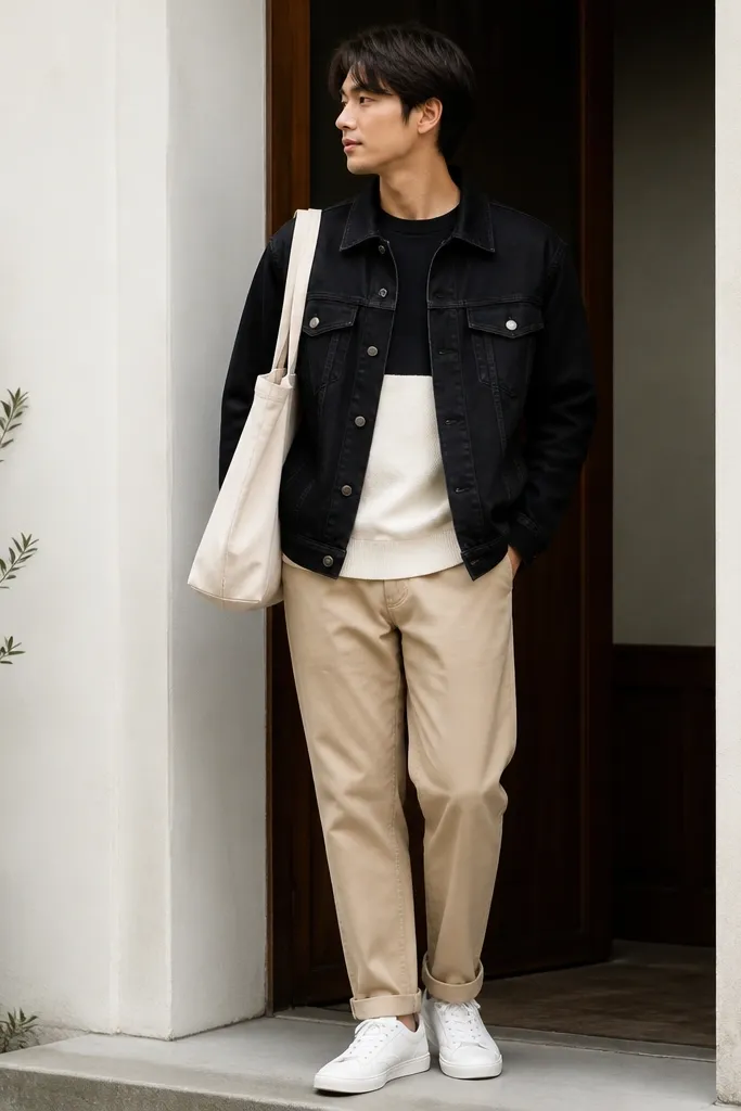 A black denim jacket layered over a long-sleeve top with black and cream sections. Beige chinos sit neatly with a slight taper. The person wears white sneakers and a canvas tote bag.