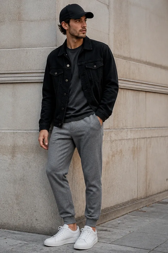 A black denim jacket over a simple dark gray tee. The pants are medium gray sweatpants with a clean cuff. White sneakers and a baseball cap. The outfit looks relaxed but tidy.