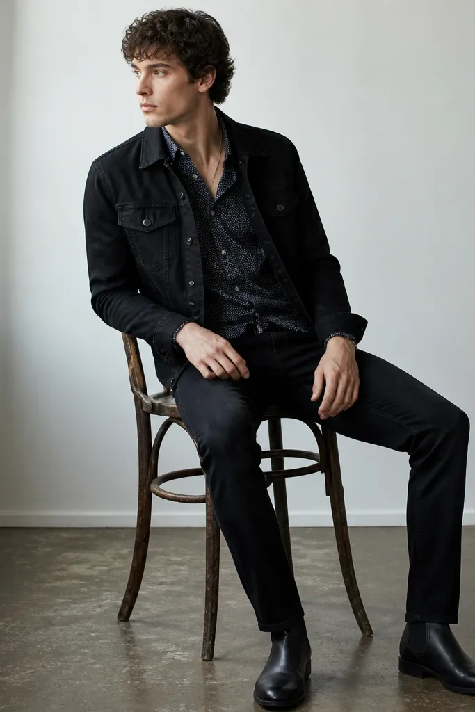 A black denim jacket layered over a small-scale patterned button-down in navy and white. Black jeans fit straight. The person wears black leather boots and a thin silver chain.