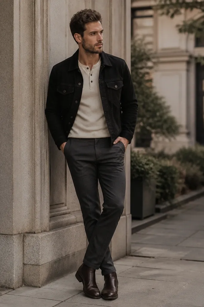 A black denim jacket over a cream henley with three buttons, charcoal slim chinos, and dark brown leather Chelsea boots. The jacket collar frames the henley neckline, and the hem sits above the belt line.