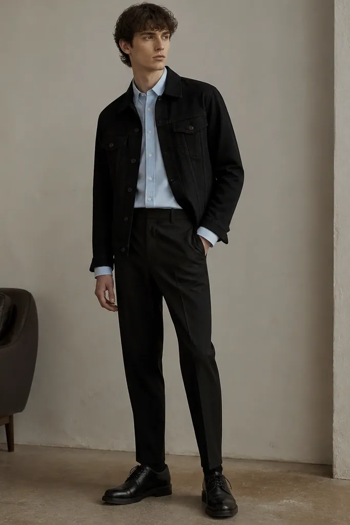 A light blue button-down shirt under a black denim jacket, black tailored trousers with a slight taper, and black leather lace-up shoes. The shirt cuffs peek out cleanly and the shirt is fully buttoned.