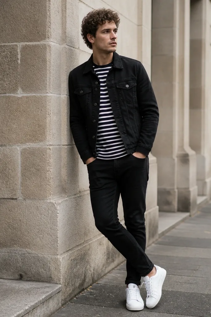 A black denim jacket over a navy-and-white striped crewneck tee, black slim jeans, and white sneakers. The stripes are visible at the neckline and slightly at the hem.