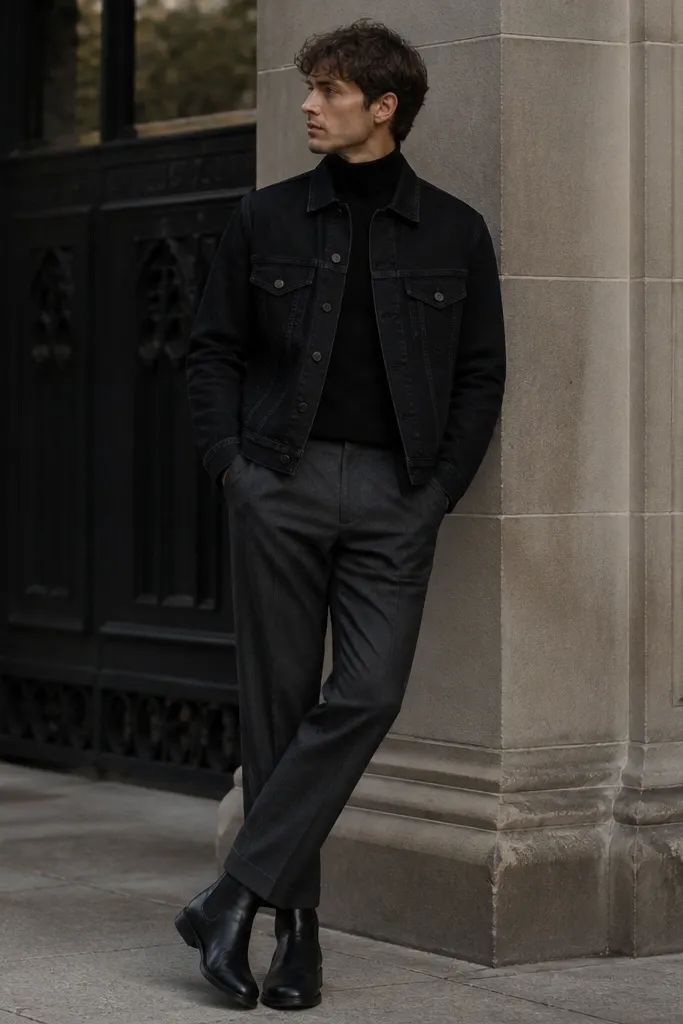 A black turtleneck under a black denim jacket, gray wool trousers, and black boots. The turtleneck collar sits snug under the jacket collar with no gaps.
