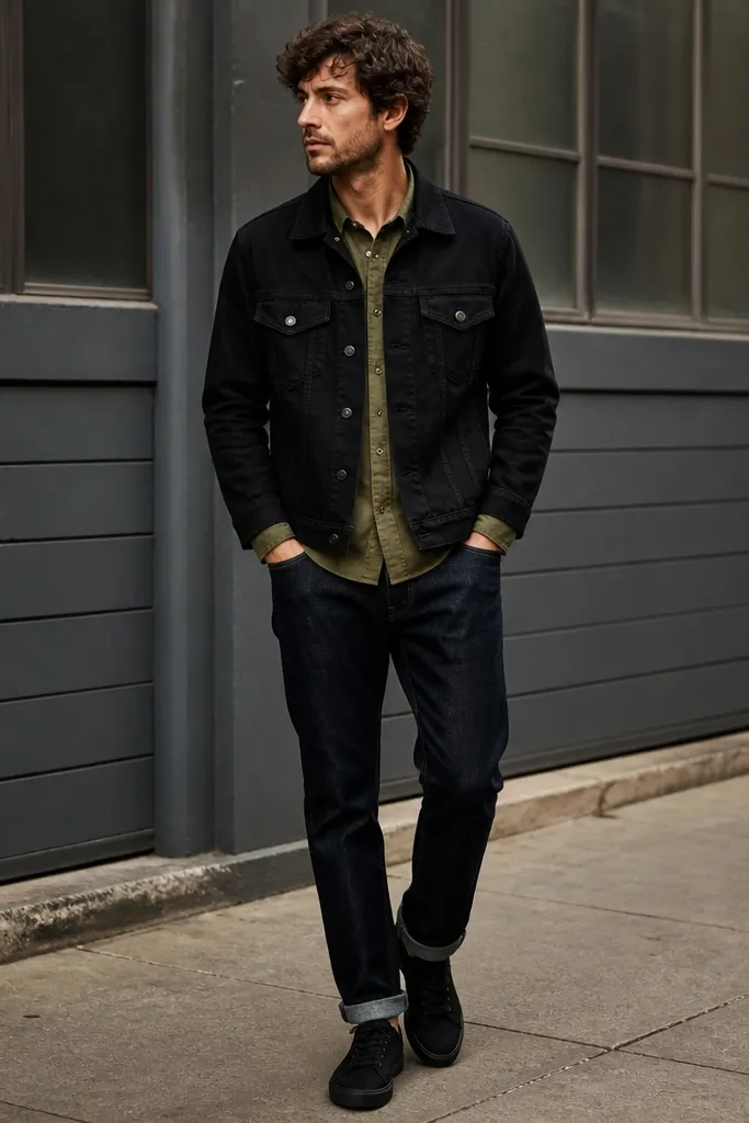 A black denim jacket worn over an olive overshirt, dark indigo jeans, and black sneakers. The olive layer shows at the collar and slightly at the cuffs.