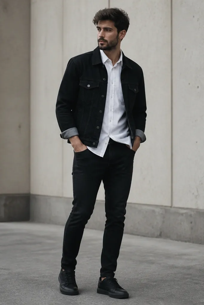 A fitted white button-down tucked slightly at the front under a black denim jacket, black jeans, and minimalist black sneakers. The shirt placket is visible and the sleeves are rolled once.