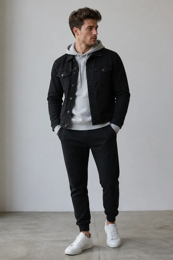A black denim jacket over a heather gray hoodie, black joggers with tapered cuffs, and white sneakers. The hoodie hood sits flat behind the jacket collar.