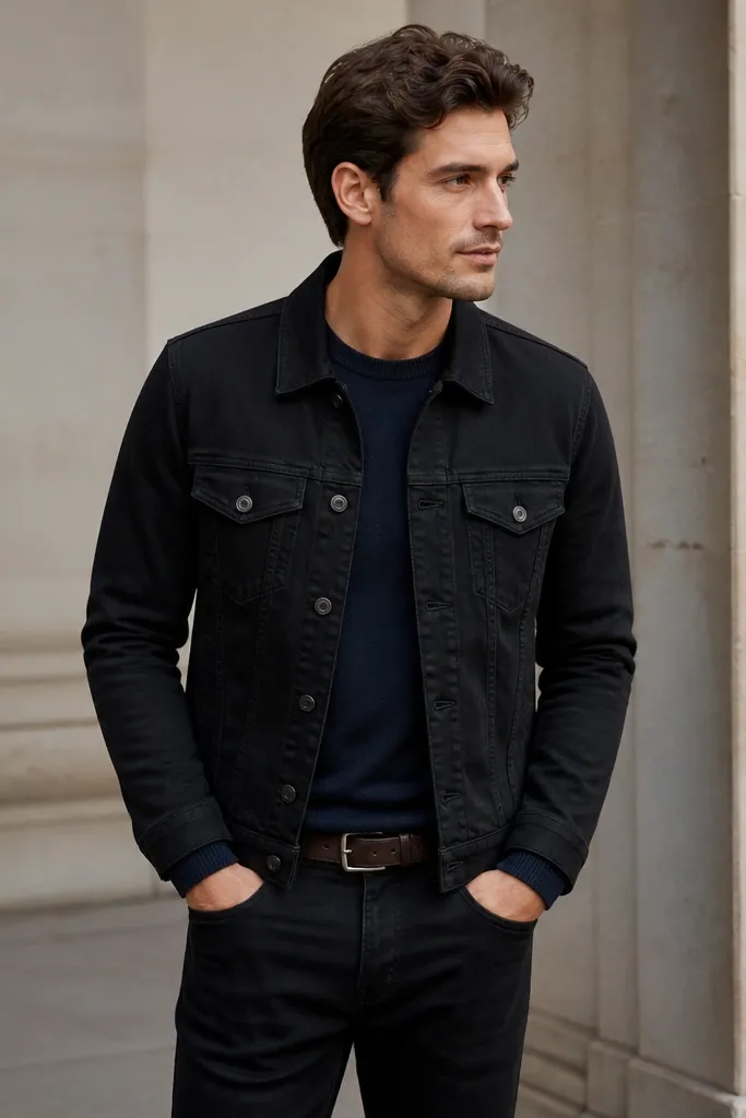A navy crewneck sweater under a black denim jacket, black jeans, and a dark brown belt visible at the waistband. The sweater hem sits straight and the jacket is buttoned.