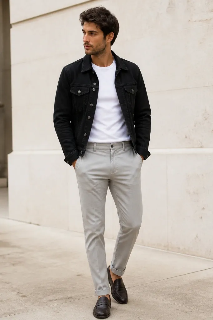 A black denim jacket over a fitted white tee, light gray chinos, and dark loafers. The jacket is open and the tee is tucked to mid-waist.