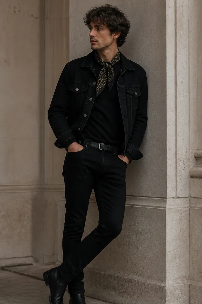 A black denim jacket worn over a black crewneck and black jeans, with a patterned scarf (small check or small print) looped at the neck. Dark boots complete the look.