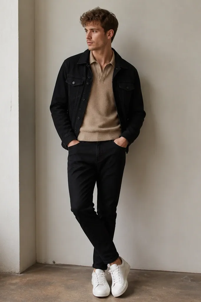 A black denim jacket over a tan knit polo shirt, black jeans, and white sneakers. The polo collar is visible and the jacket is left open.